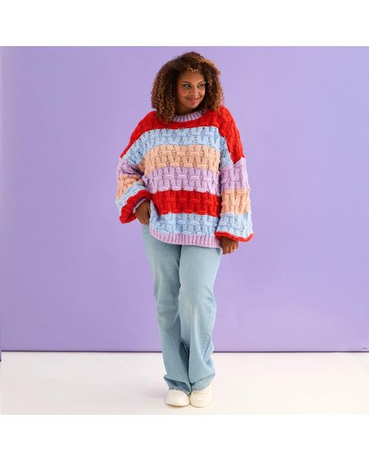 Cara & The Sky Red Mandy Criss-Cross Stitch Balloon Sleeve Stripe Jumper