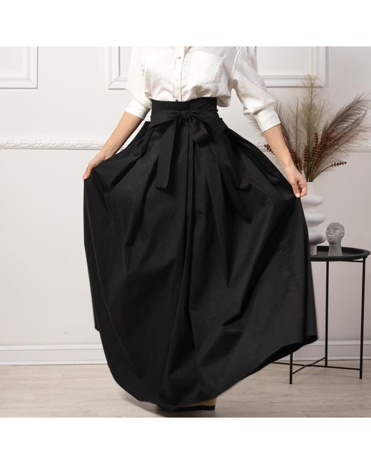 Nikka Place Black Maxi Cotton Elegant Skirt With Front Bow & High Waist