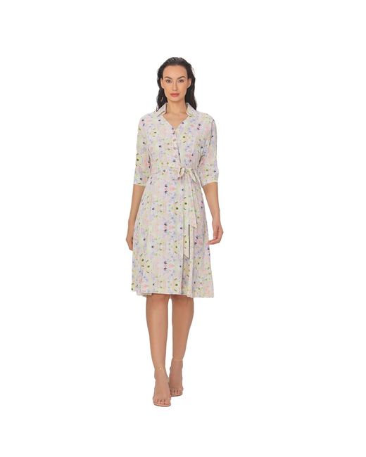 Smart and Joy Natural V Neckline Floral Print Shirt-Dress -Light