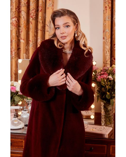 Santinni Red 'Sunset Boulevard' Long Wool Coat With Faux Fur Collar