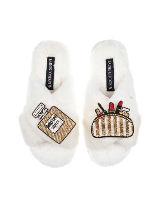 Laines London White Neutrals Classic Laines Slippers With Beauty Bag & Perfume Brooches