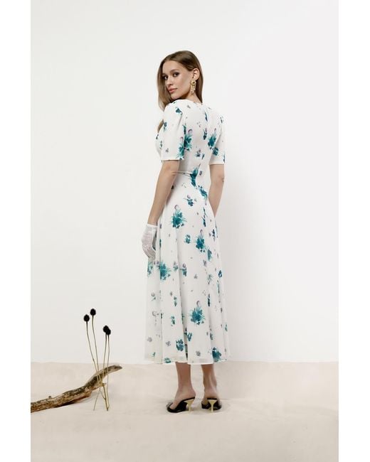POST MERIDIEM White Floral Short Sleeve Midi Dress