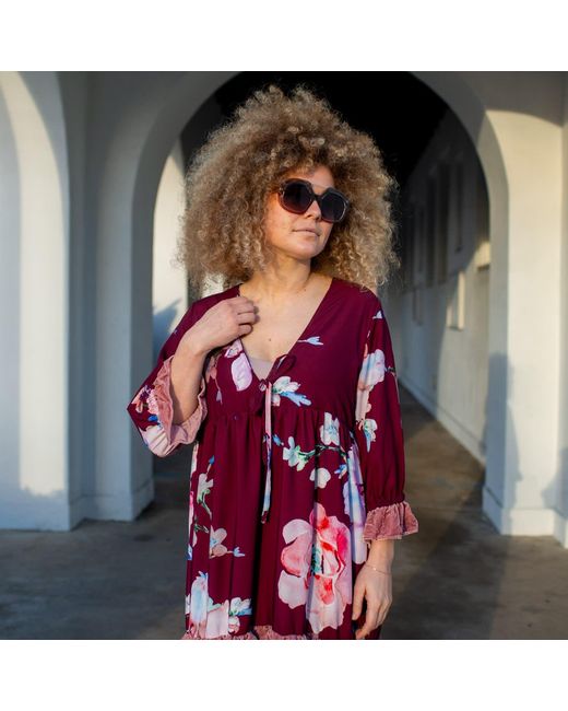 Jennafer Grace Red Plum Rose Velvet Ruffle Maxi Dress