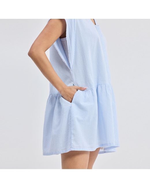 REISTOR Blue Oversized V Neck Short Dress With Frayed Sleeves