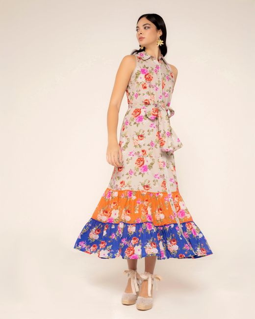 Niza Orange Long Dress With Ruffles Rosys