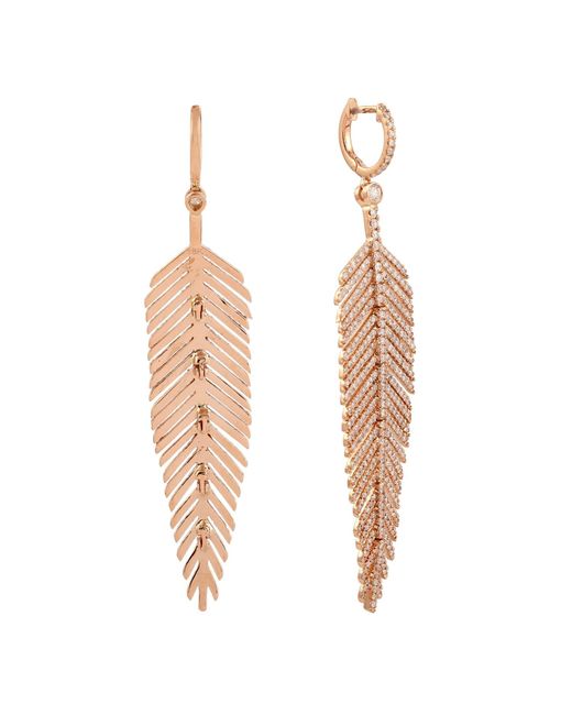 Artisan Metallic Natural Diamond Feather Dangle Earrings 18k Rose Gold Jewelry
