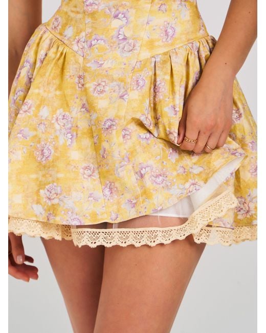 Miss Circle New York Yellow Oana Floral Print Linen Collared Off Shoulder Mini Dress