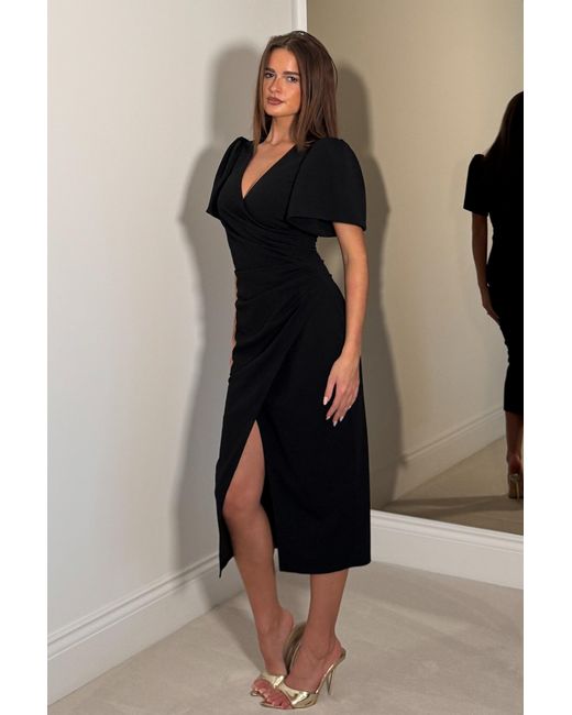 Girl In Mind Black Freya Puff Sleeve Wrap Neck Ruched Midi