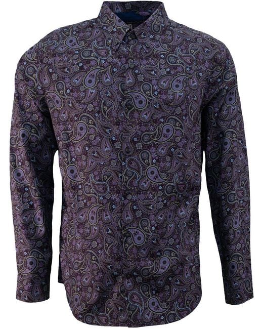 Lords of Harlech Blue Paisley Cotton Stretch Button-Down Shirt for men