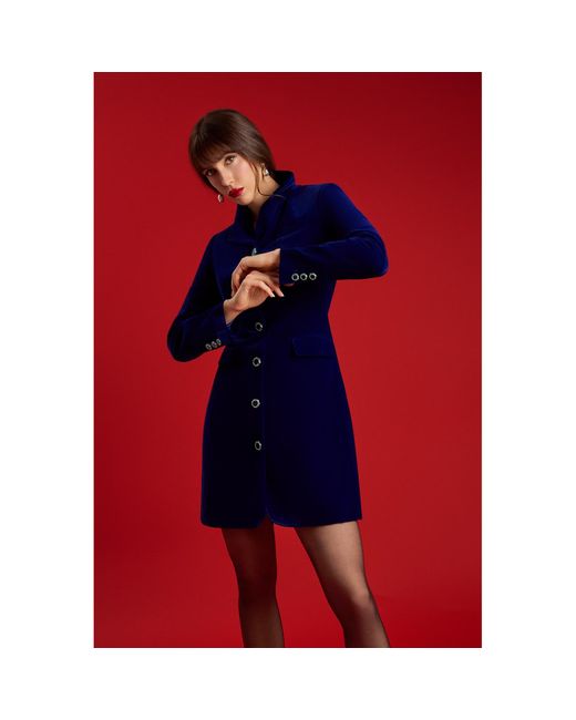 Femponiq Blue Silky Velvet Tailored Blazer Dress
