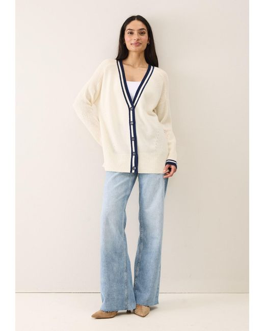 Loop Cashmere White Striped Tipped V Neck Lofty Cardigan
