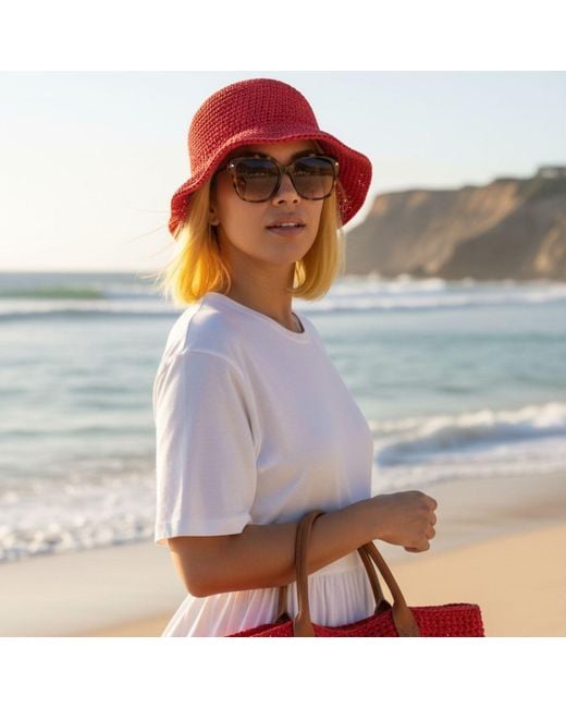 Springmoonatelier Red Luxury Handmade Raffia Crochet Bucket Hat – Premium Fire Butterfly