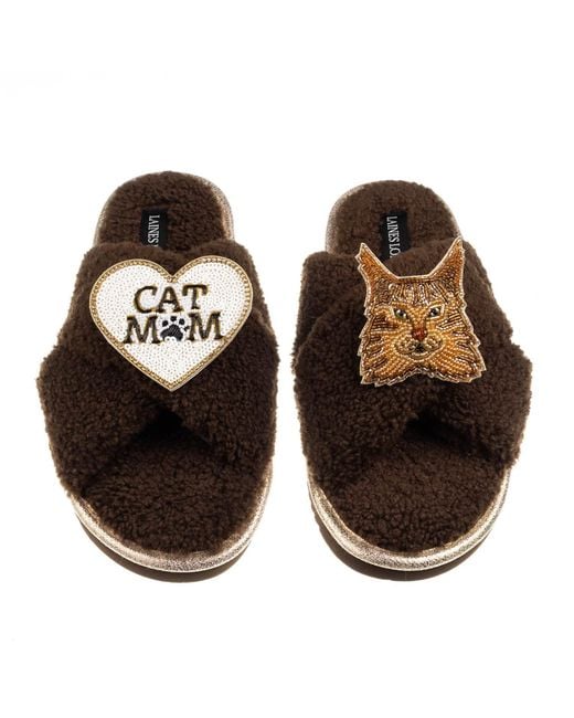 Laines London Brown Neutrals Boucle Slippers With Cat Mum/Mom & Maine Coon Cat Brooches