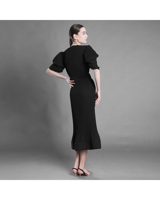 Silvia Serban Black V Neckline Pleated Crepe Dress