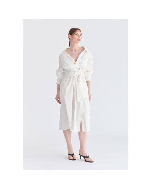 Paisie White Wrap Midi Shirt Dress With Metallic Button Details