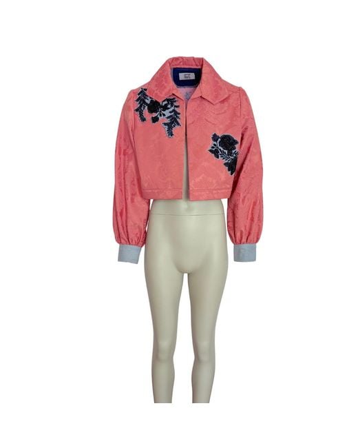 Couture to Your Door Red Brocade Upcycled Denim Jacket
