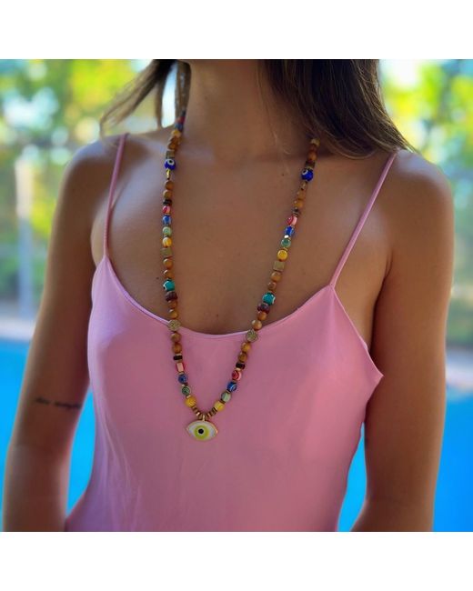 Ebru Jewelry Metallic Evil Eye Pendant Colorful Beaded Good Vibes Necklace