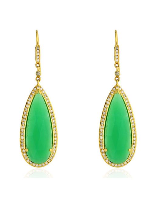 Artisan Green 18k Yellow Gold With Pave Diamond & Chrysoprase Gemstone Teardrop Earrings