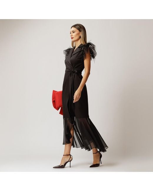 concept A trois Black Long Blazer Wrap Dress With Tulle And Soft Veil