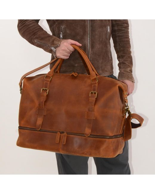 Touri Brown Genuine Leather Holdall Weekender With Extra Compartment for men