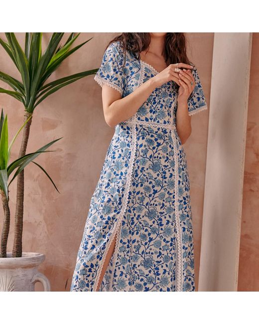 LAtelier London Blue Serafina Floral Cotton Midi Dress With Side Splits