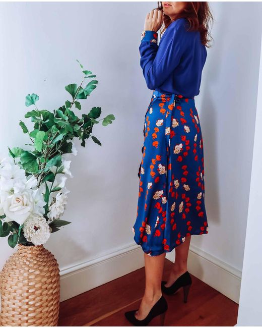 Sophie Cameron Davies Blue Floral Silk Wrap Skirt
