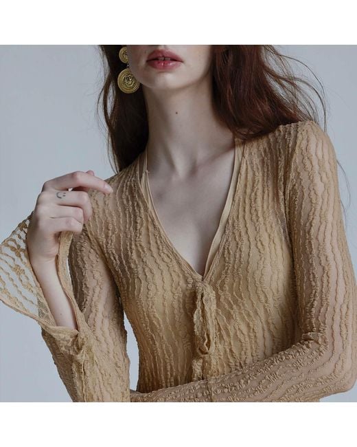 Belsize25 Natural Neutrals Trumpet Dress Flared Sleeve Knit Lace Sheer Tie Dress