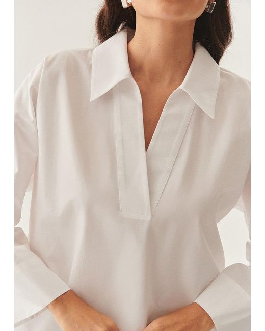 Exquise White Lucia Collared Poplin V-Neck Blouse