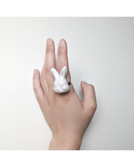 H2 Studio White Grumpy Bunny Porcelain 14K Plated Brass Ring