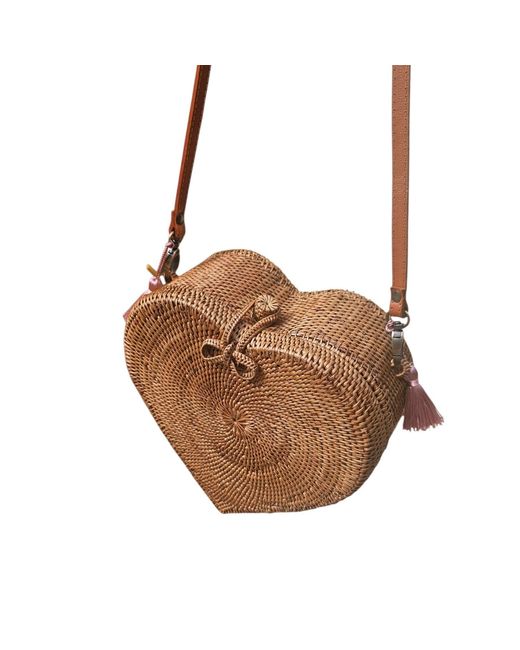OhSun Brown Faith Rattan & Leather Crossbody