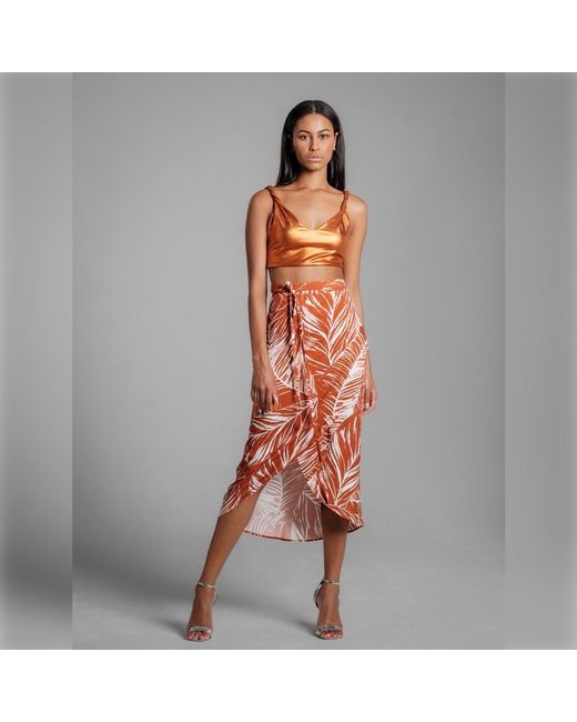Imaatu Orange Drape Palms Rust Asymmetrical Sustainable Viscose Wrap Midi One Size Skirt Tropical Print