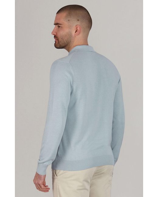 Paul James Knitwear Blue Lightweight Cotton Hall Long Sleeve Knitted Polo Shirt for men