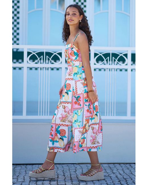 Yumi' White Multicolour Fruit Print Midi Sun Dress Ruched Back