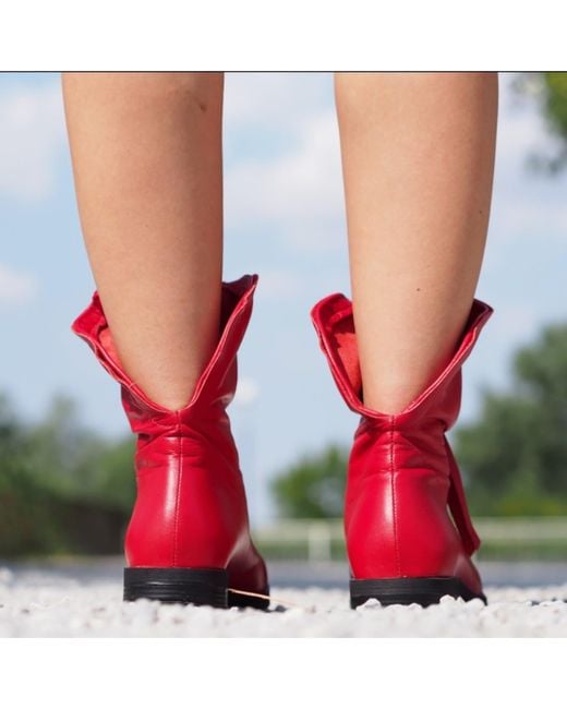 Adrenaline Fashion Red Leather Ankle Boots With Front Zipper Handmade Designer Flat Sole Footwear