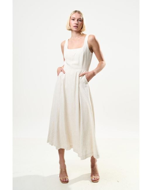 Louche White Baya Linen Mix Square Neck Midi Dress