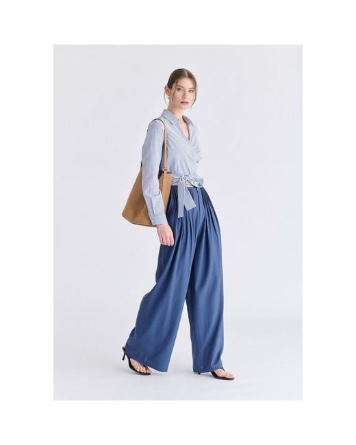 Paisie Blue Front Pleats Detail Wide Leg Trousers