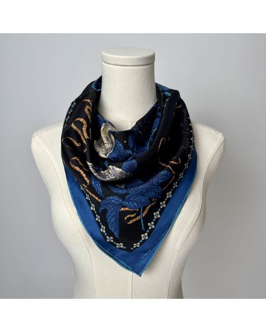 Wenzi Blue Midnight Roses Hand Painted Pattern Double Sided Silk Twill Scarf