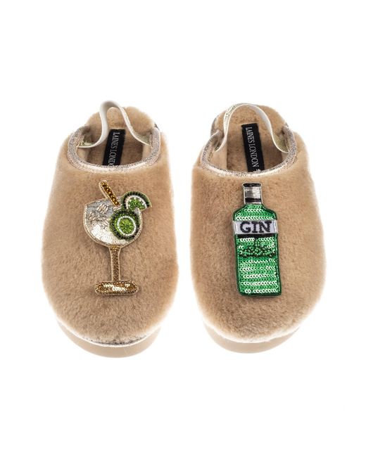 Laines London Green Neutrals Flatform Cloud Closed Toe Slippers With Original Gin & Glass Brooches