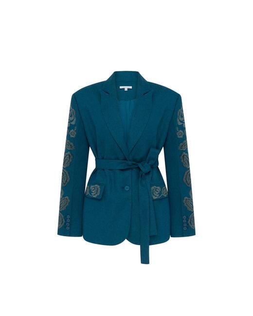 Annabo Blue Velvet Rose Embroidered Wool Blazer – Deep