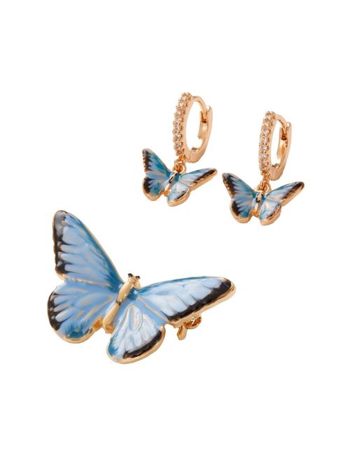 Fable England Blue Fable Enamel Butterfly huggie Earrings, Enamel Butterfly Brooch
