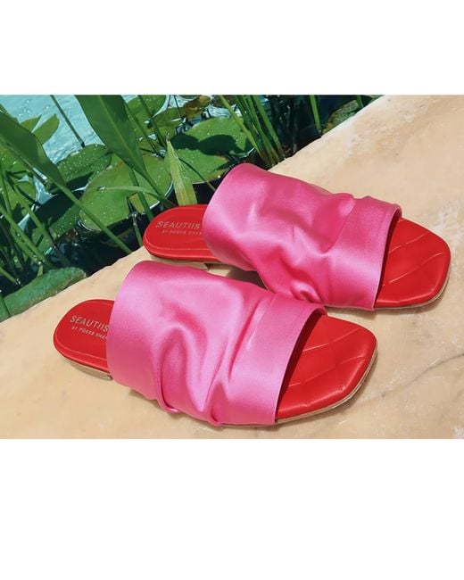 Beautiisoles by Robyn Shreiber Made in Italy Pink April Hot & Flat Slide Sandal Dressy Stretch Satin For Pool Or Day & Dressy Night
