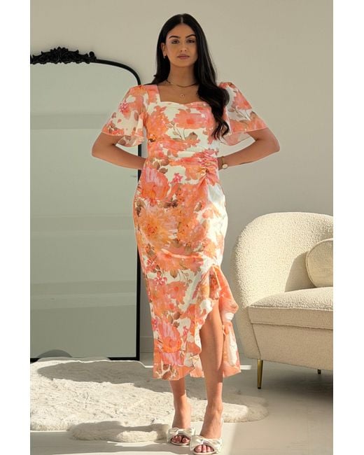 Girl In Mind Orange Heidi Floral Print Ruched Midi Dress