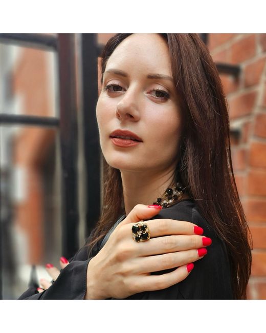 Farra Black Agate With Zircon Statement Adjustable Ring