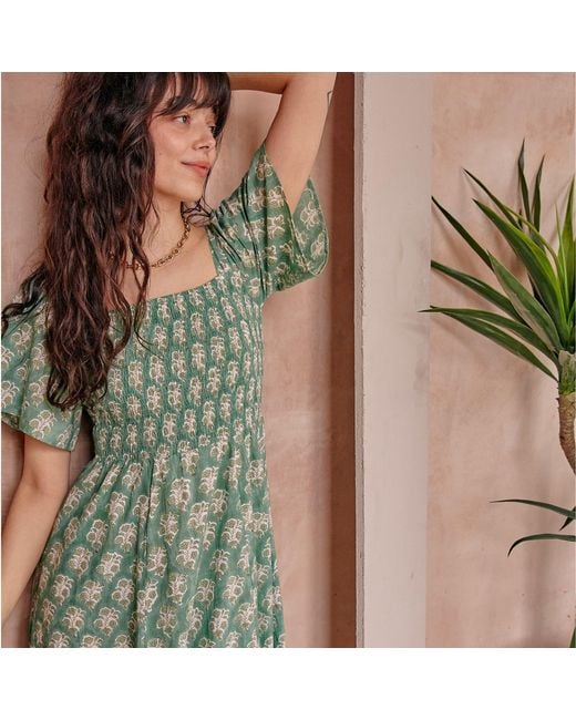 LAtelier London Green Block Print Smocked Cotton Midi Dress