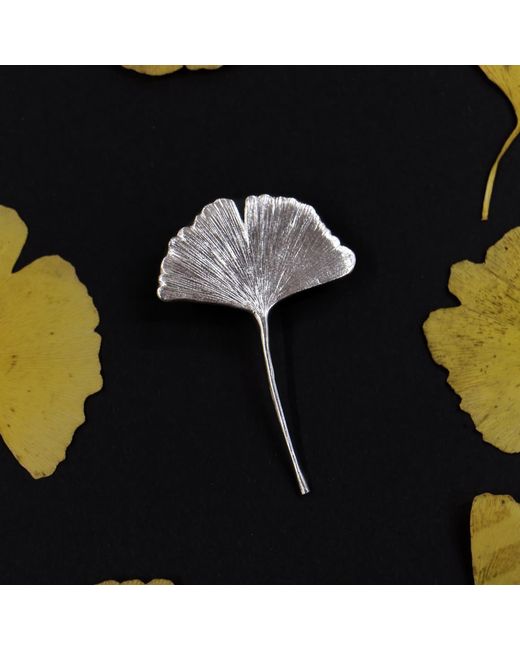 Agora Jewellery Gray Ginkgo Biloba Leaf Sterling Brooch