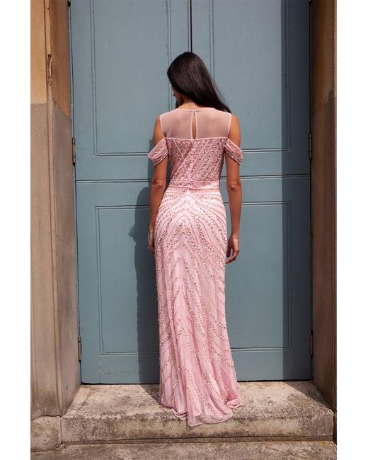 Raishma Pink Merlot A Sweetheart Neckline With A Sheer Neck Panel & Off-The-Shoulder Straps Adorned With Beading & Sequin Embroidery & Gown