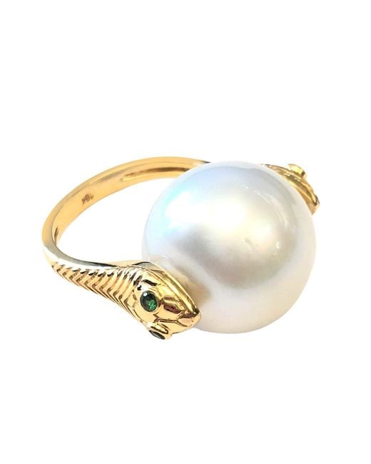Artisan Metallic South Sea Pearl Snake Wrap Ring With Tsavorite Eyes