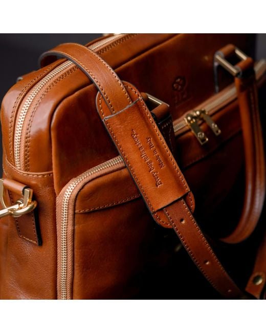 Time Resistance Brown Cognac Leather Briefcase Laptop Bag