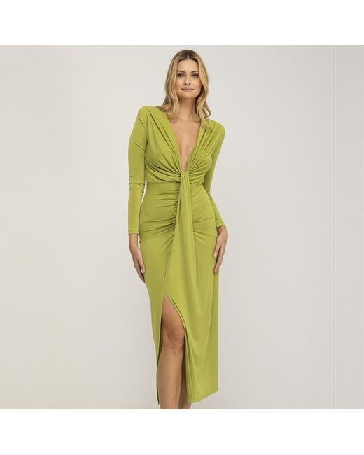 Tantra Spain Sl Green Solid Draped Maxi Dress With V Neck And Long Sleeves