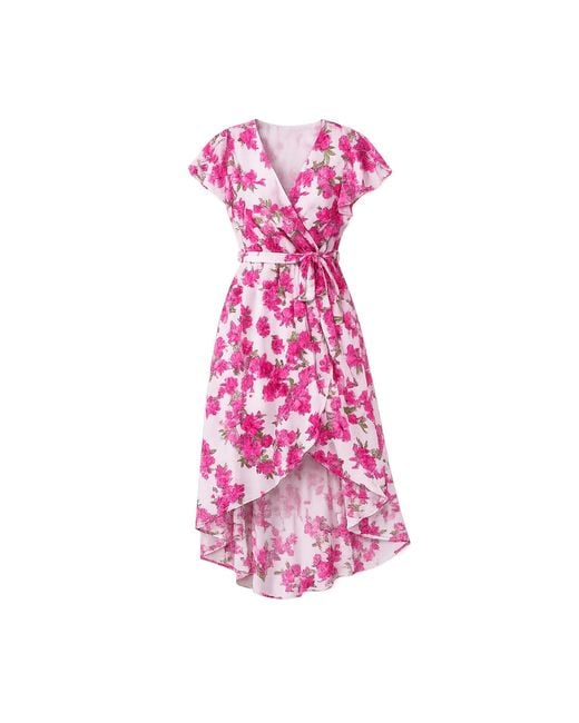 Yumi' Pink Neutrals Ivory Floral Wrap Dress With Dipped Hem